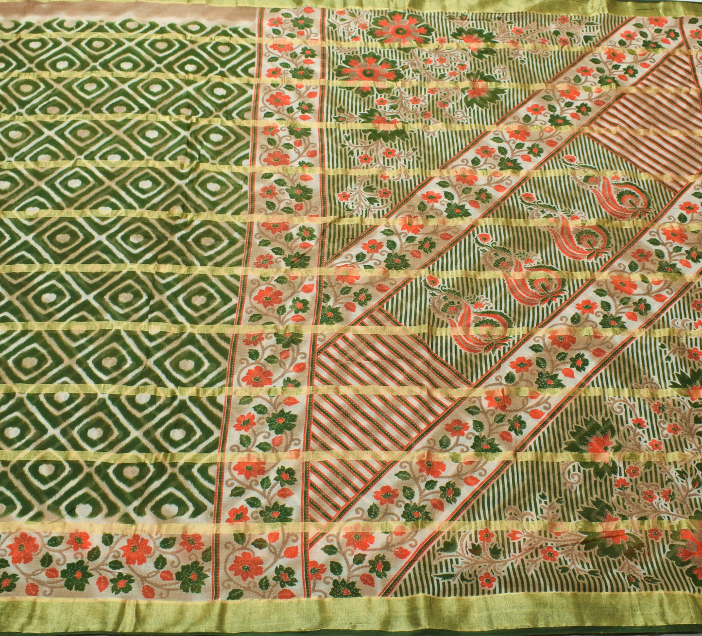 Sushila Vintage Green Indian Saree 100% Pure Cotton Printed Soft Craft Fabric