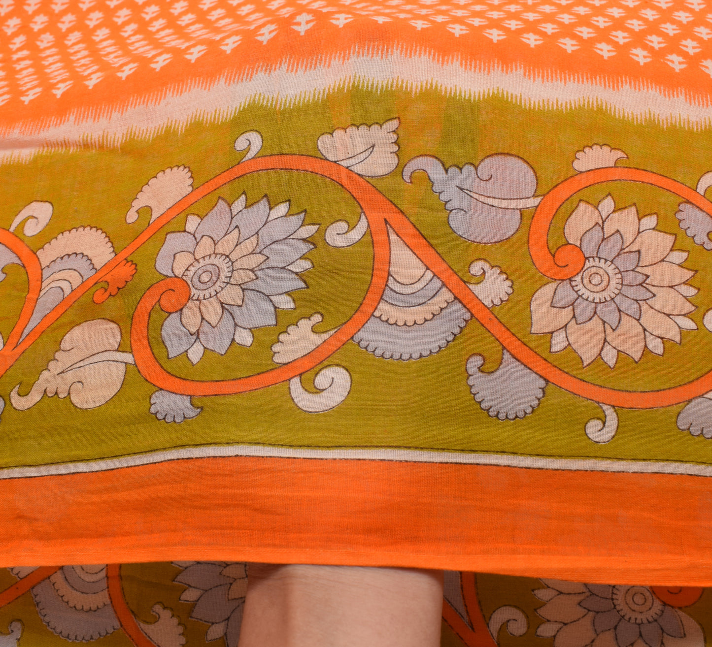 Sushila Vintage Orange Saree 100% Pure Cotton Printed Floral Soft Craft Fabric