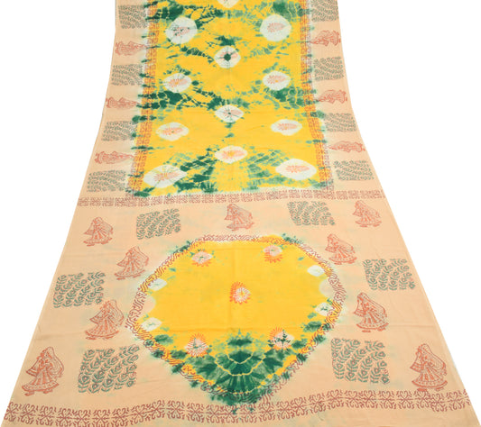 Sushila Vintage Yellow Saree 100% Pure Cotton Batik Printed Soft Craft Fabric