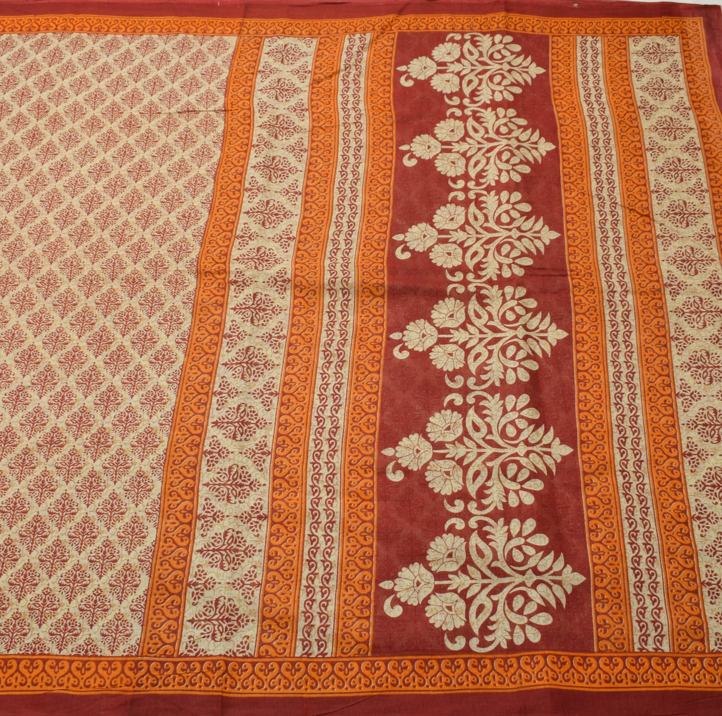 Sushila Vintage Cream Indian Saree 100% Pure Cotton Printed Floral Craft Fabric