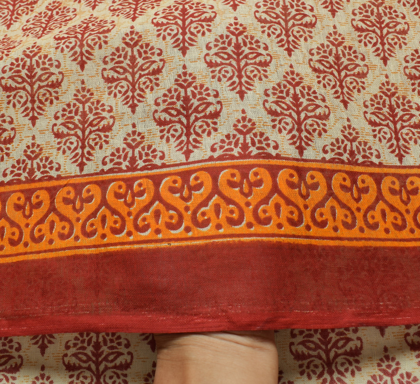 Sushila Vintage Cream Indian Saree 100% Pure Cotton Printed Floral Craft Fabric