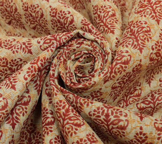 Sushila Vintage Cream Indian Saree 100% Pure Cotton Printed Floral Craft Fabric