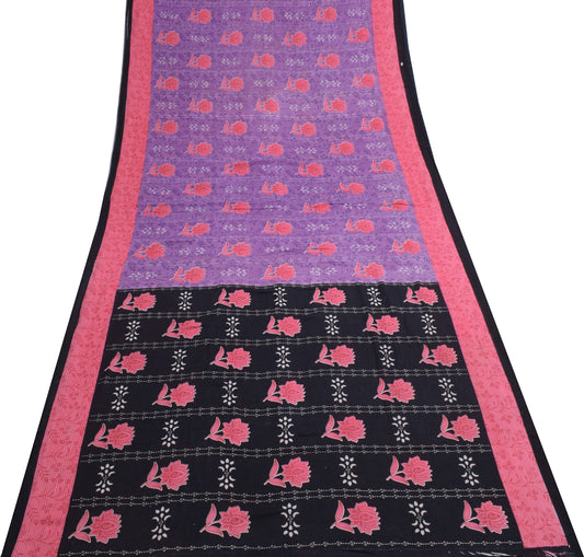 Sushila Vintage Purple Saree 100% Pure Cotton Printed Floral Soft Craft Fabric