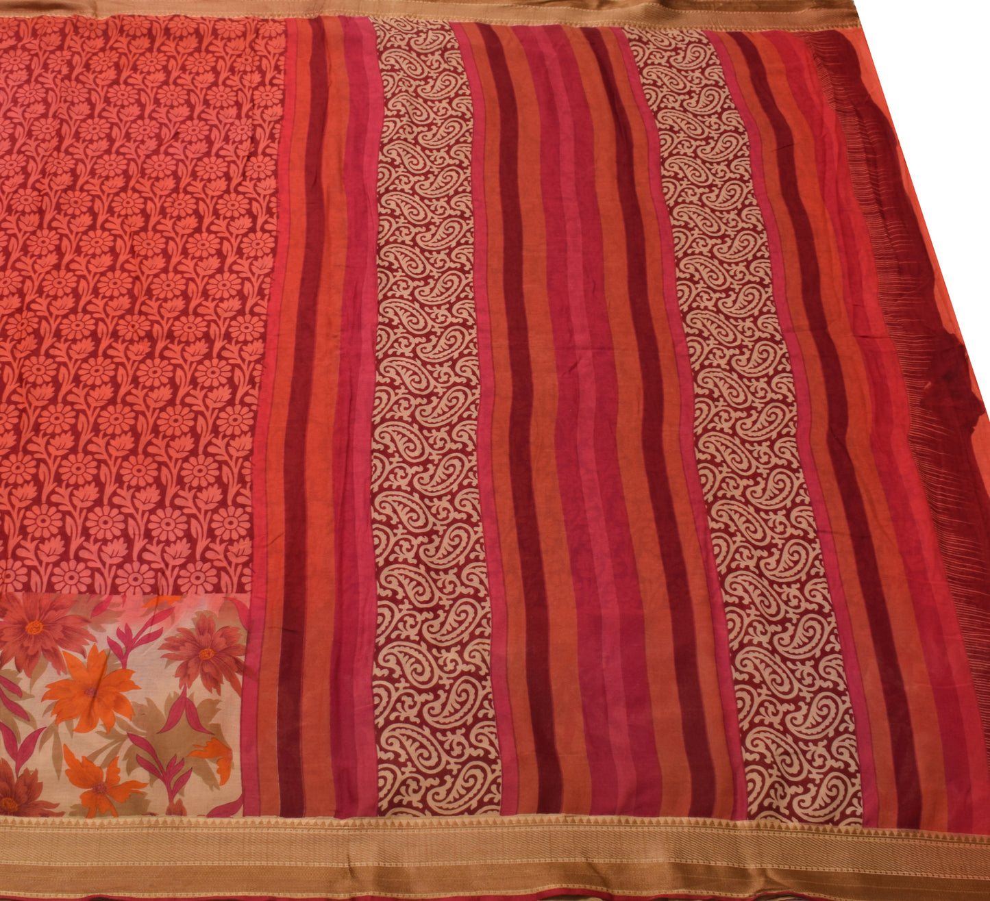 Sushila Vintage Maroon Saree 100% Pure Cotton Floral Printed Soft Craft Fabric