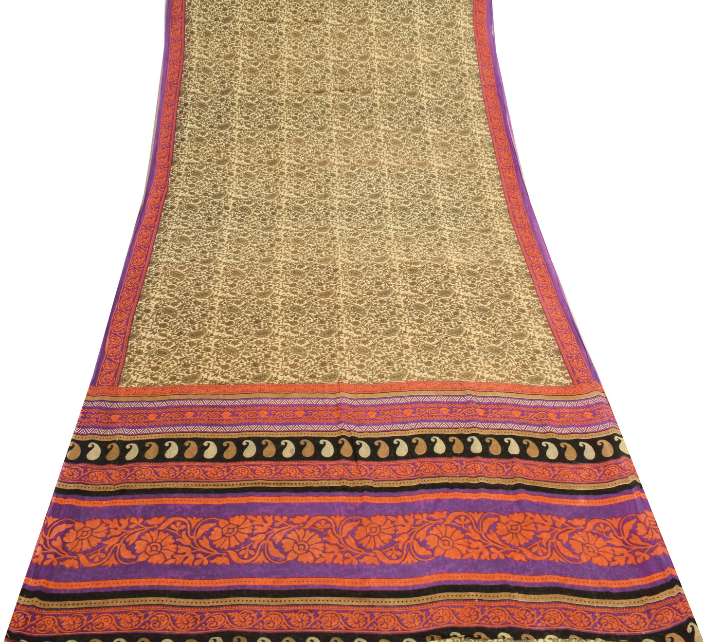 Sushila Vintage Cream Saree 100% Pure Cotton Printed Paisley Soft Craft Fabric