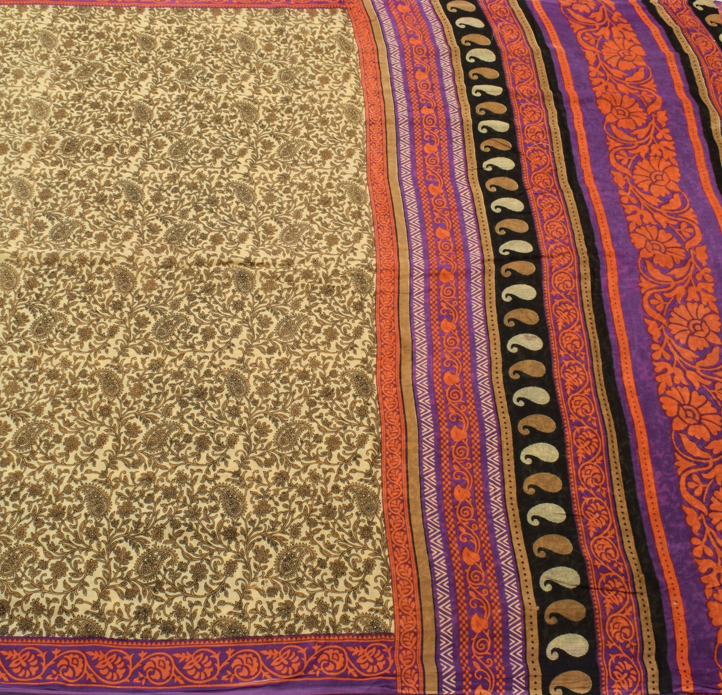 Sushila Vintage Cream Saree 100% Pure Cotton Printed Paisley Soft Craft Fabric