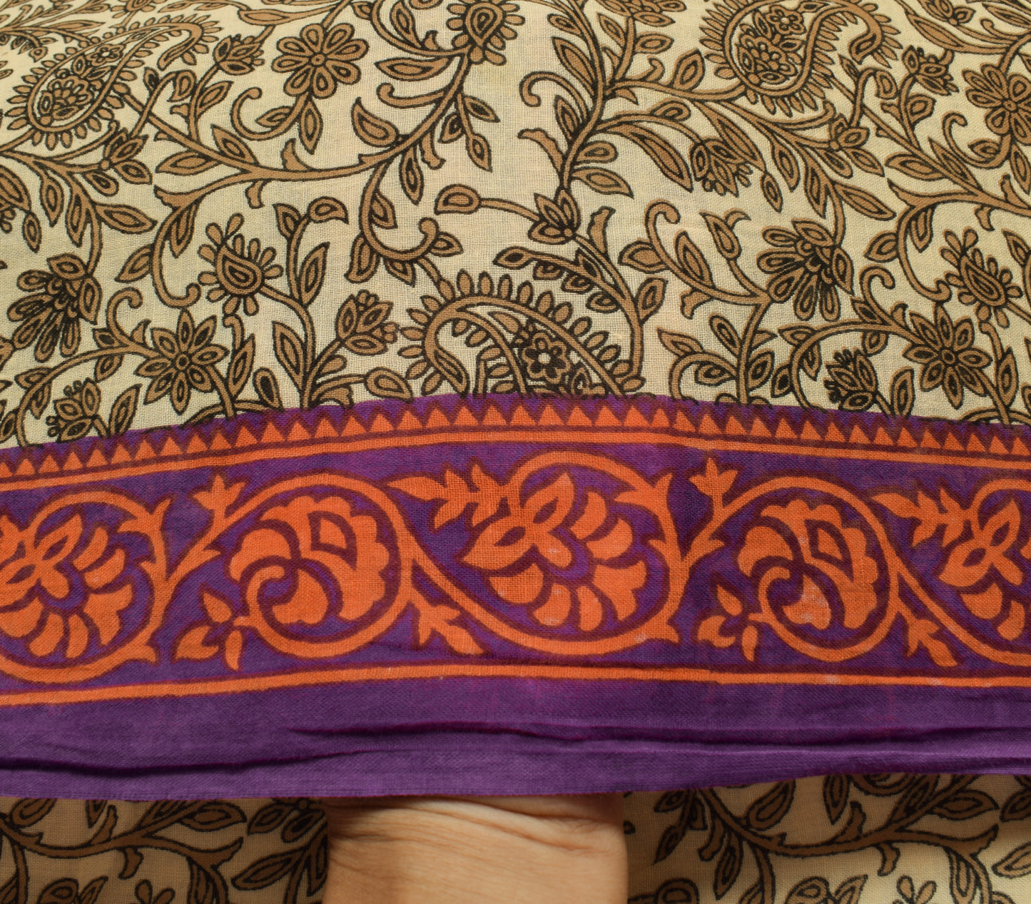 Sushila Vintage Cream Saree 100% Pure Cotton Printed Paisley Soft Craft Fabric