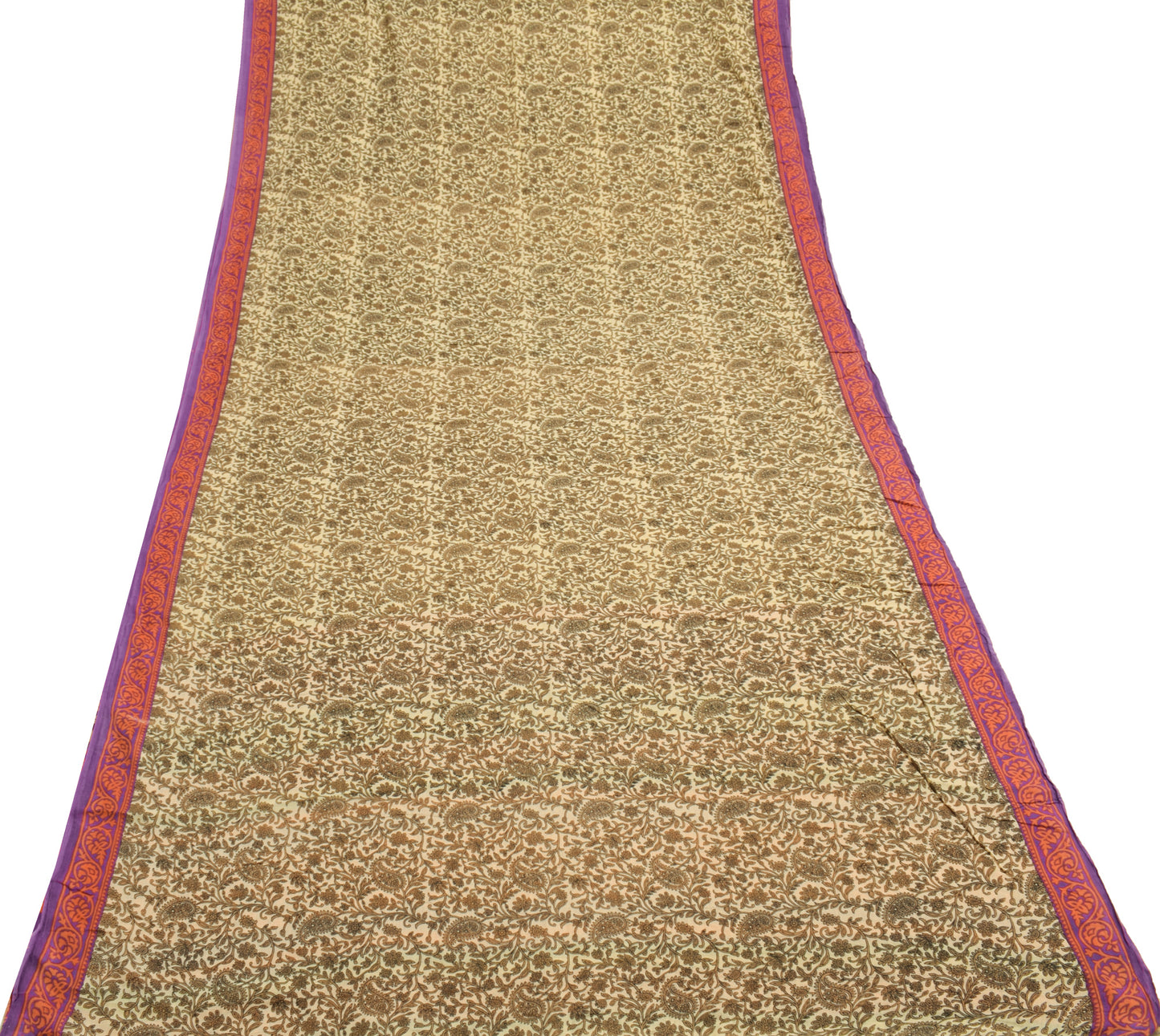 Sushila Vintage Cream Saree 100% Pure Cotton Printed Paisley Soft Craft Fabric