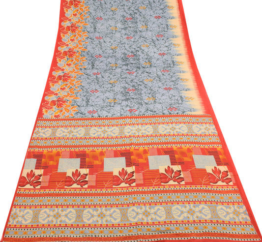 Sushila Vintage Gray Saree 100% Pure Cotton Printed Floral Soft Craft Fabric