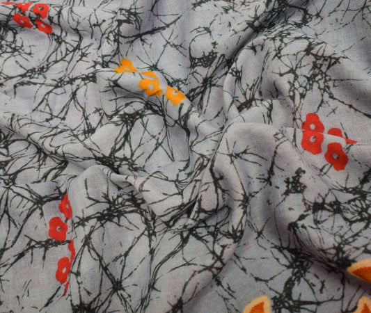 Sushila Vintage Gray Saree 100% Pure Cotton Printed Floral Soft Craft Fabric