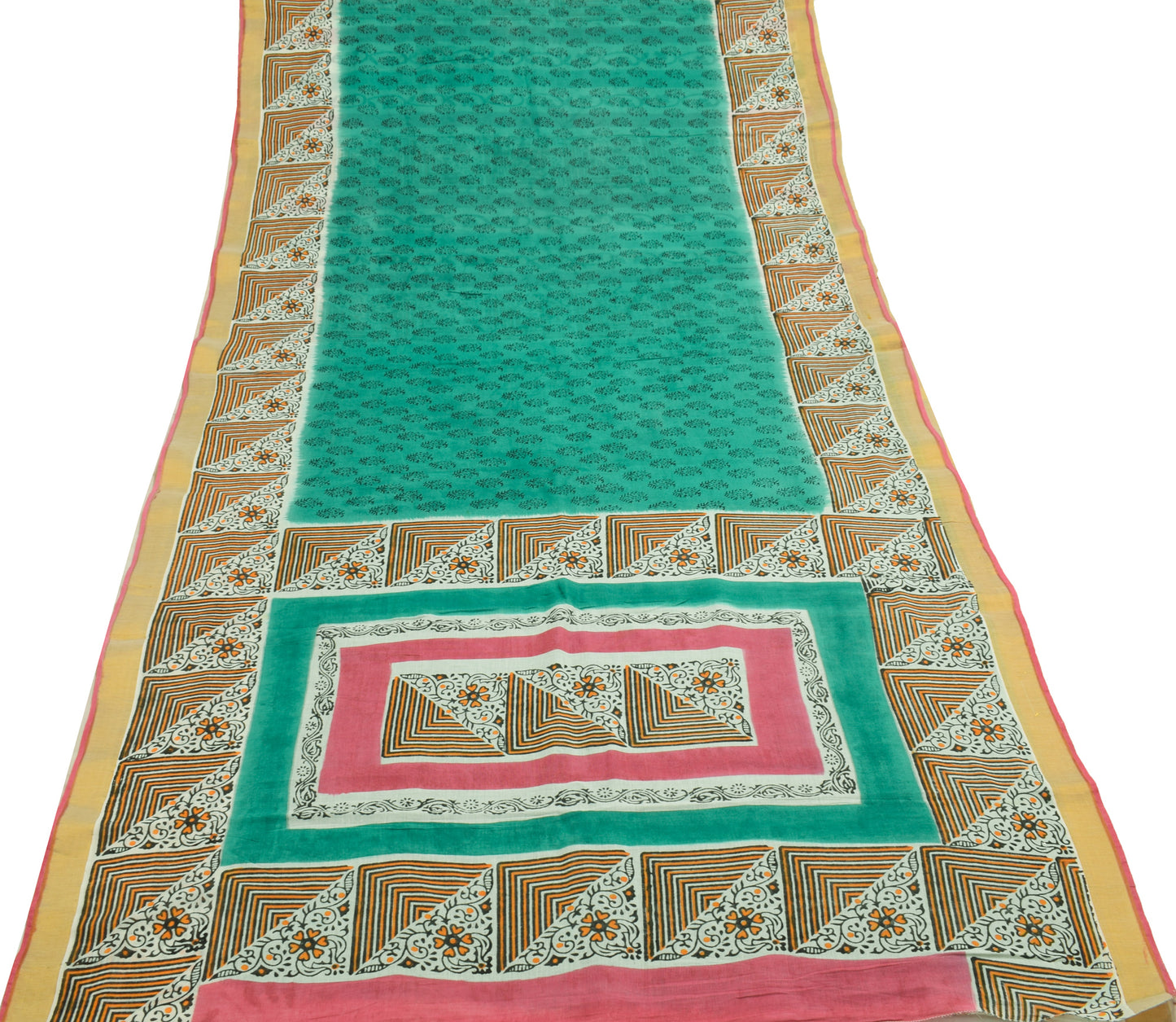 Sushila Vintage Green Indian Saree 100% Pure Cotton Printed Floral Craft Fabric