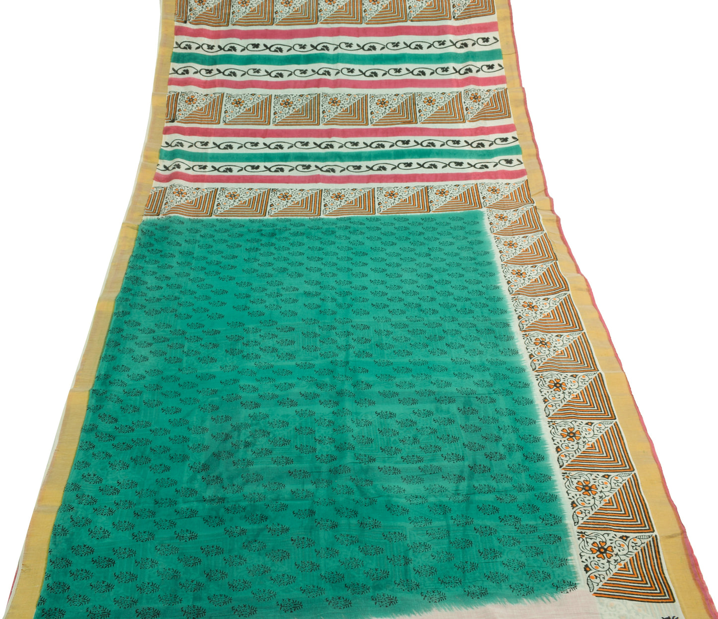Sushila Vintage Green Indian Saree 100% Pure Cotton Printed Floral Craft Fabric