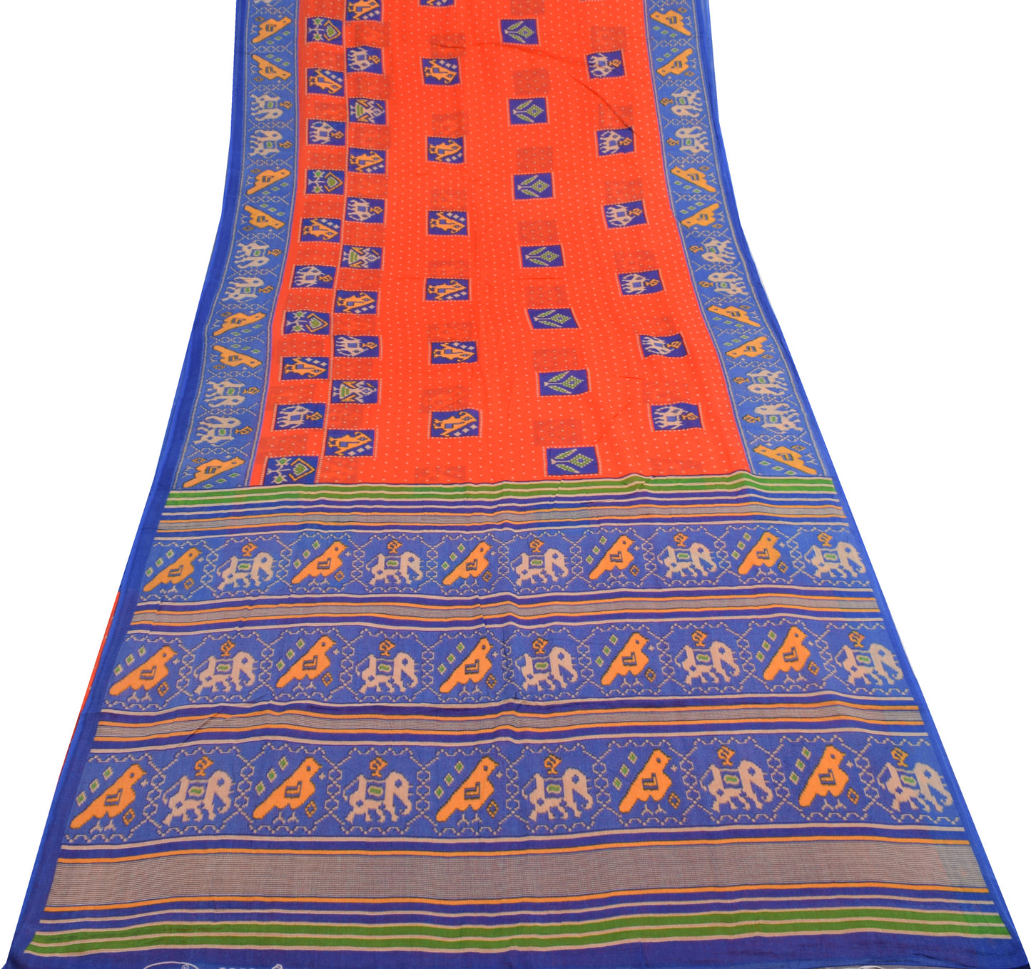 Sushila Vintage Dark Orange Saree 100% Pure Cotton Birds Printed Craft Fabric