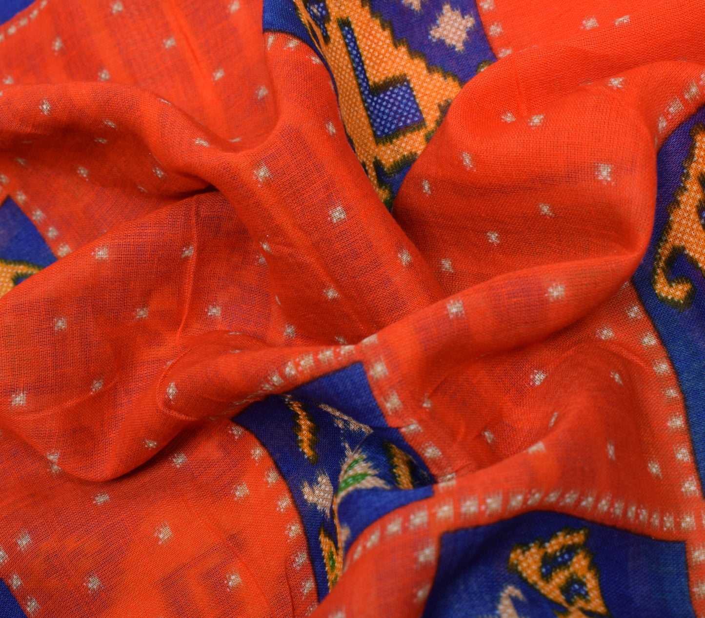 Sushila Vintage Dark Orange Saree 100% Pure Cotton Birds Printed Craft Fabric