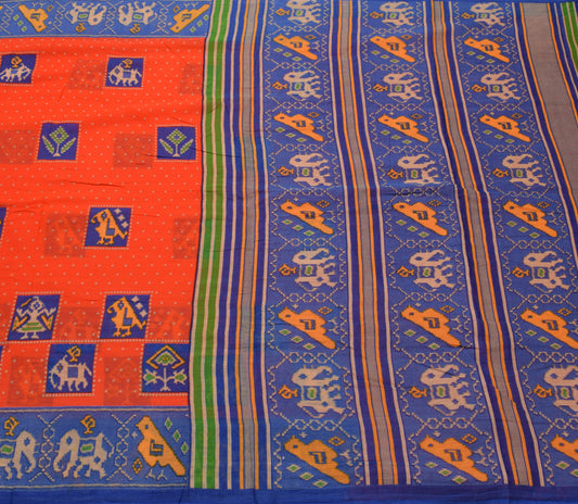 Sushila Vintage Dark Orange Saree 100% Pure Cotton Birds Printed Craft Fabric