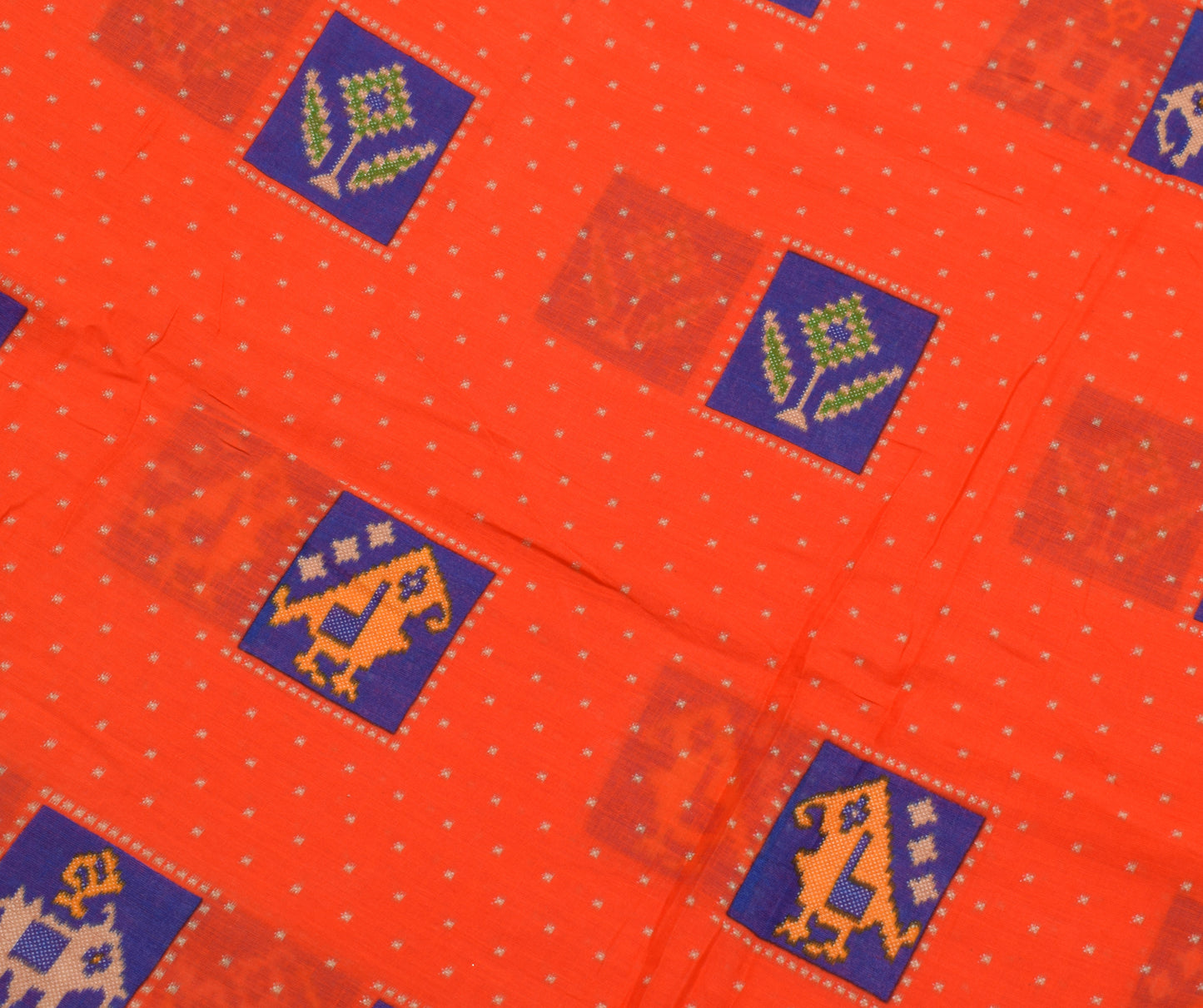 Sushila Vintage Dark Orange Saree 100% Pure Cotton Birds Printed Craft Fabric