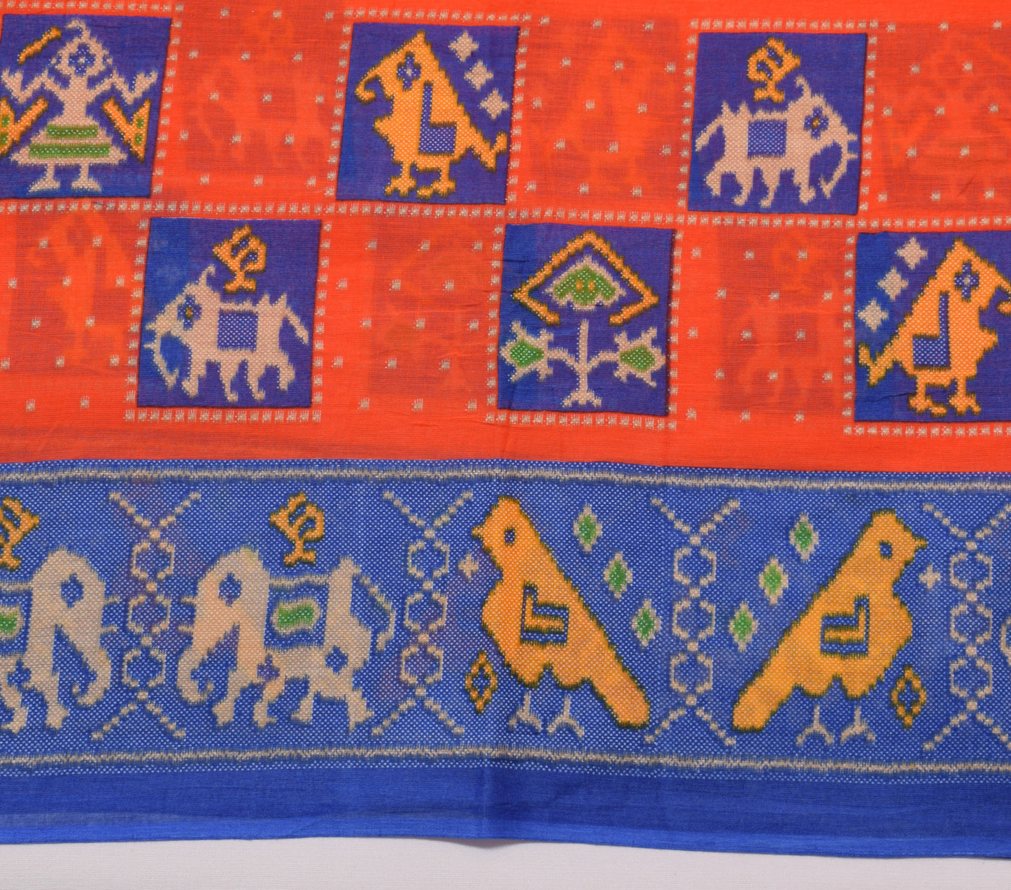 Sushila Vintage Dark Orange Saree 100% Pure Cotton Birds Printed Craft Fabric