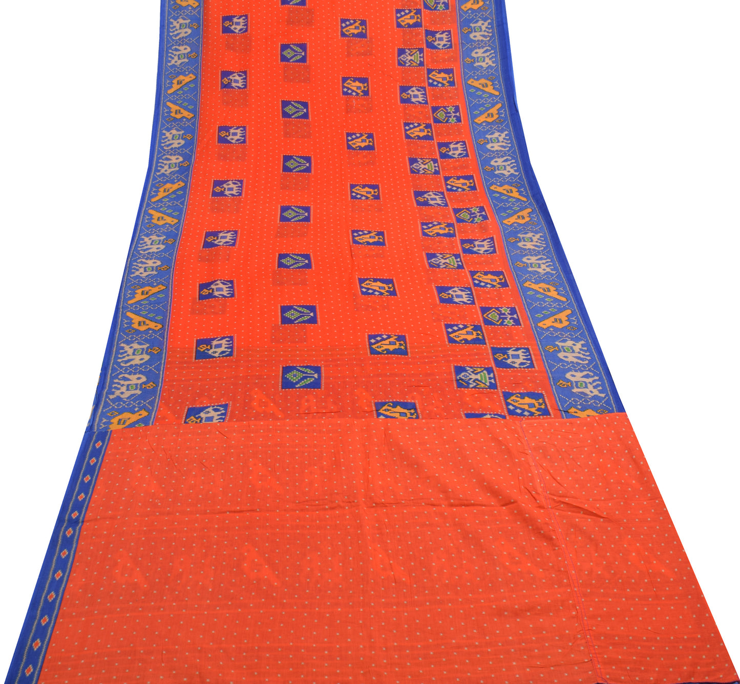 Sushila Vintage Dark Orange Saree 100% Pure Cotton Birds Printed Craft Fabric