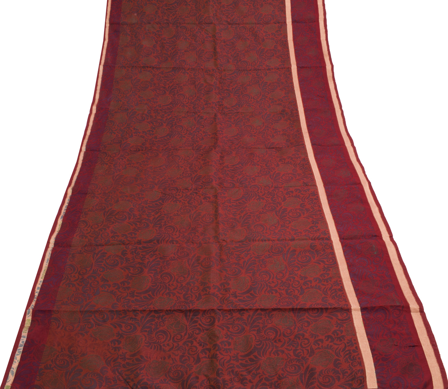 Sushila Vintage Maroon Saree Blend Cotton Silk Printed Floral Craft Fabric
