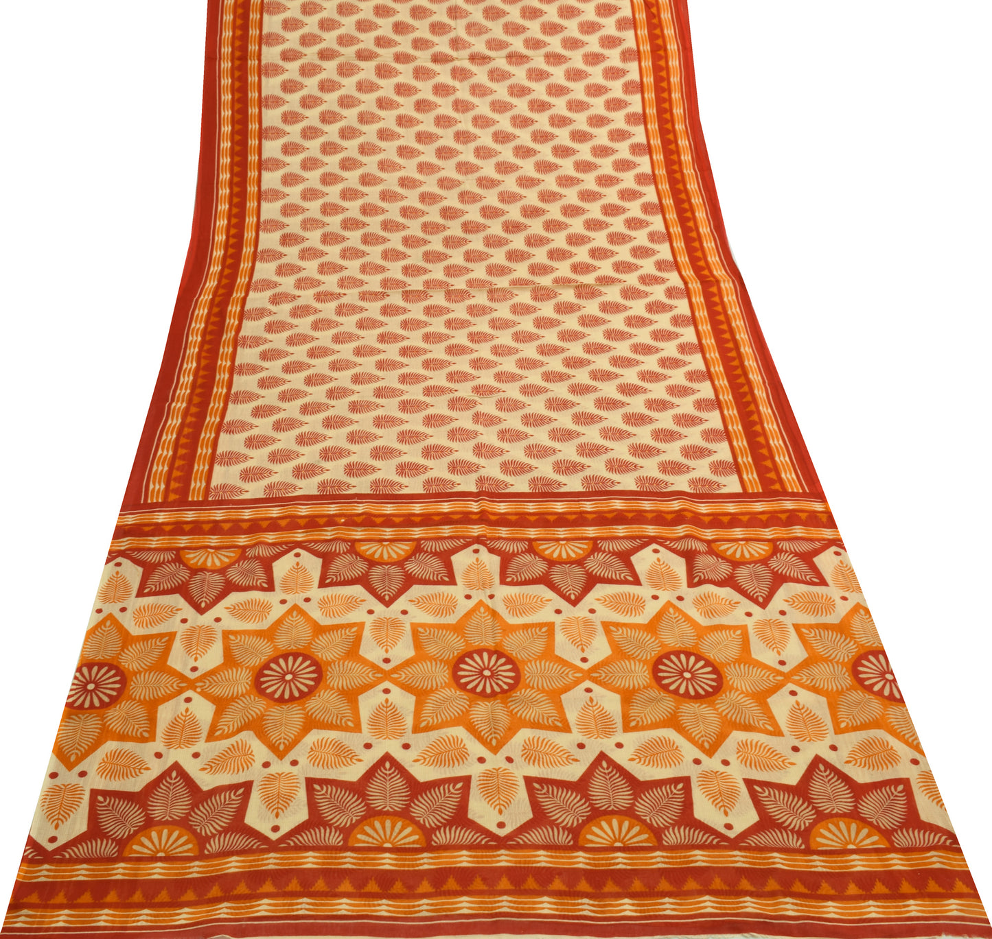 Sushila Vintage Cream Saree 100% Pure Cotton Floral Printed Soft Craft Fabric