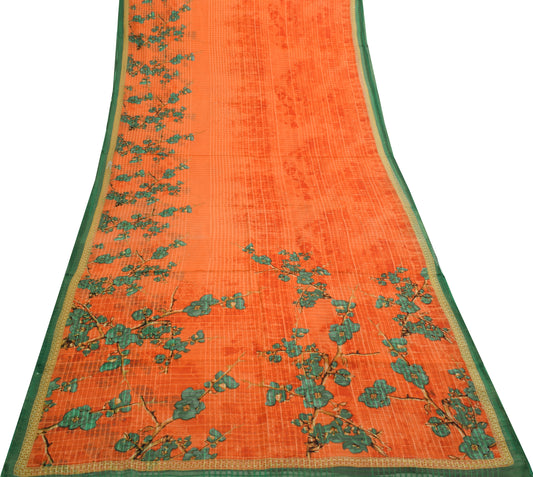 Sushila Vintage Orange Saree 100% Pure Cotton Printed Floral Soft Craft Fabric