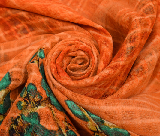 Sushila Vintage Orange Saree 100% Pure Cotton Printed Floral Soft Craft Fabric