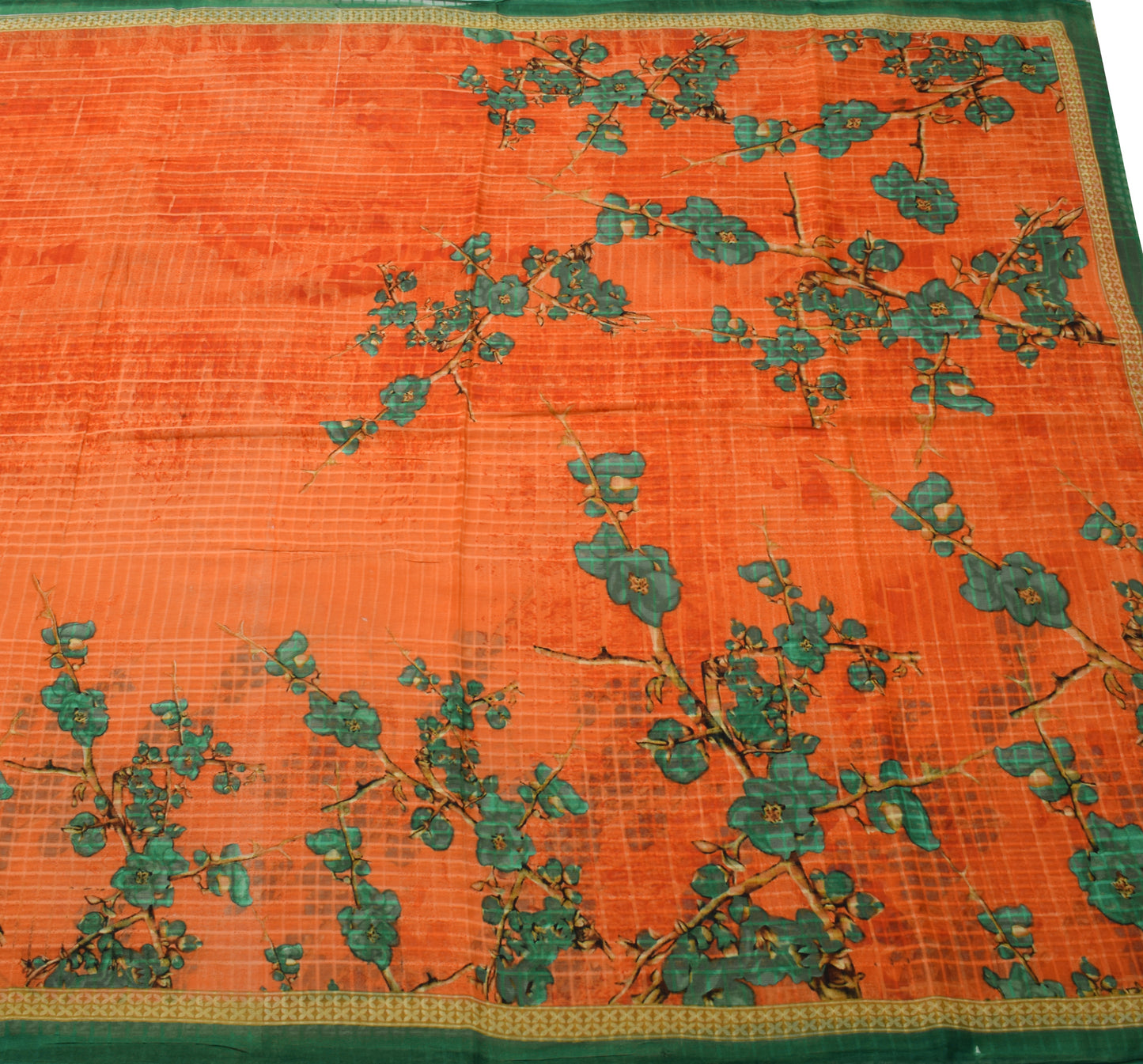 Sushila Vintage Orange Saree 100% Pure Cotton Printed Floral Soft Craft Fabric