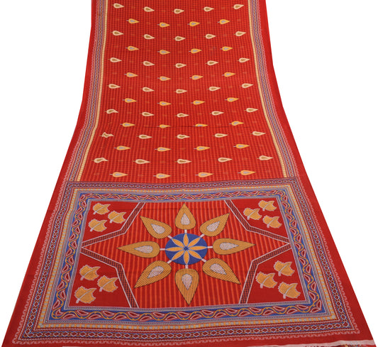 Sushila Vintage Red Saree 100% Pure Cotton Check Printed Soft Craft Fabric
