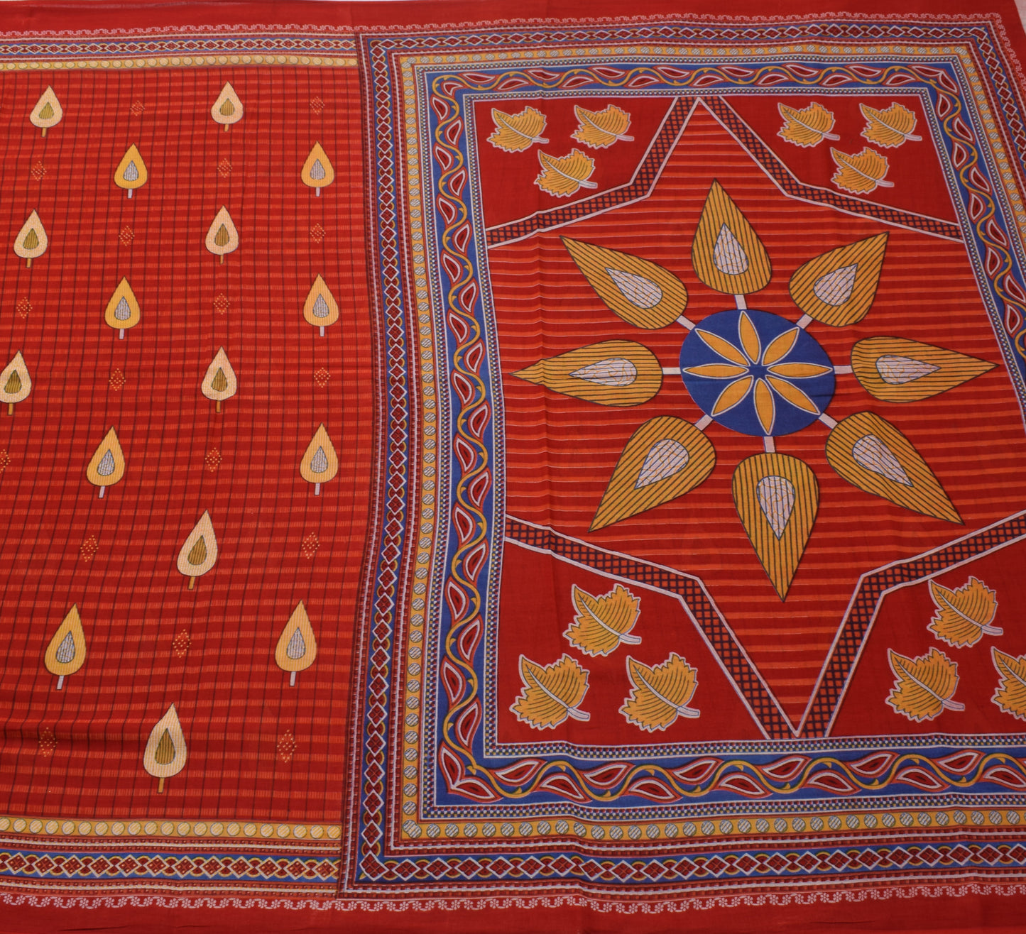 Sushila Vintage Red Saree 100% Pure Cotton Check Printed Soft Craft Fabric