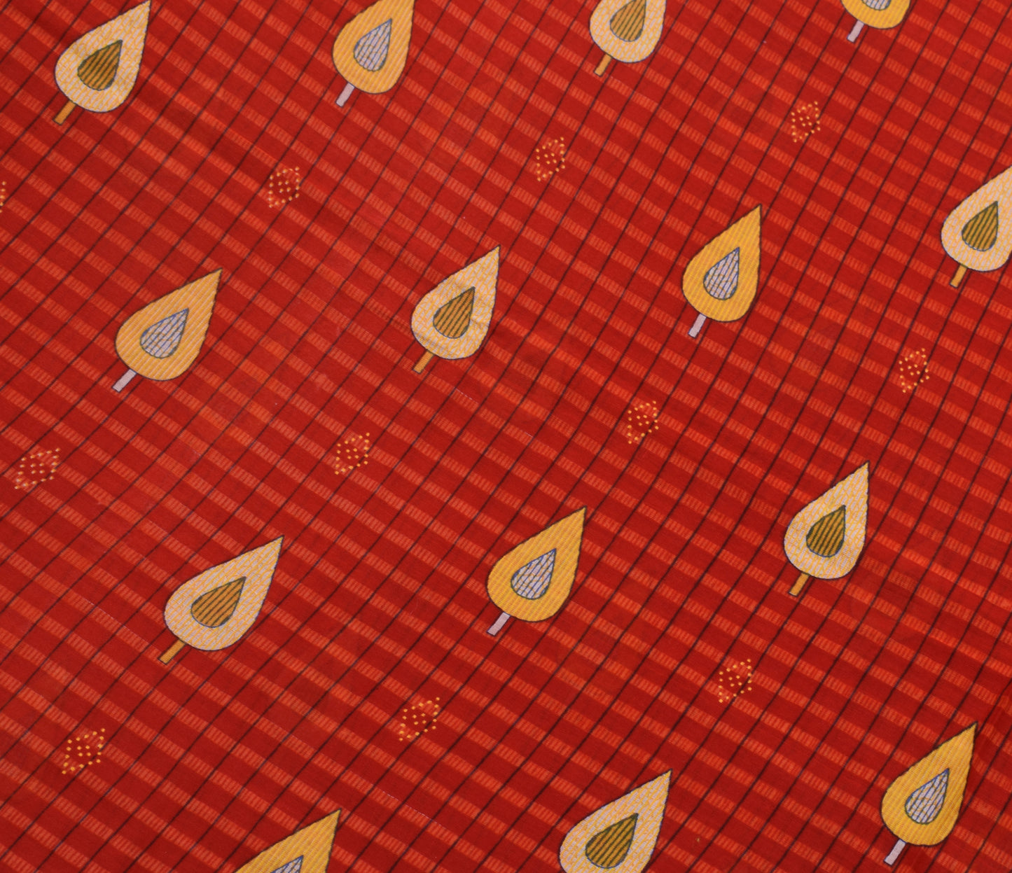 Sushila Vintage Red Saree 100% Pure Cotton Check Printed Soft Craft Fabric