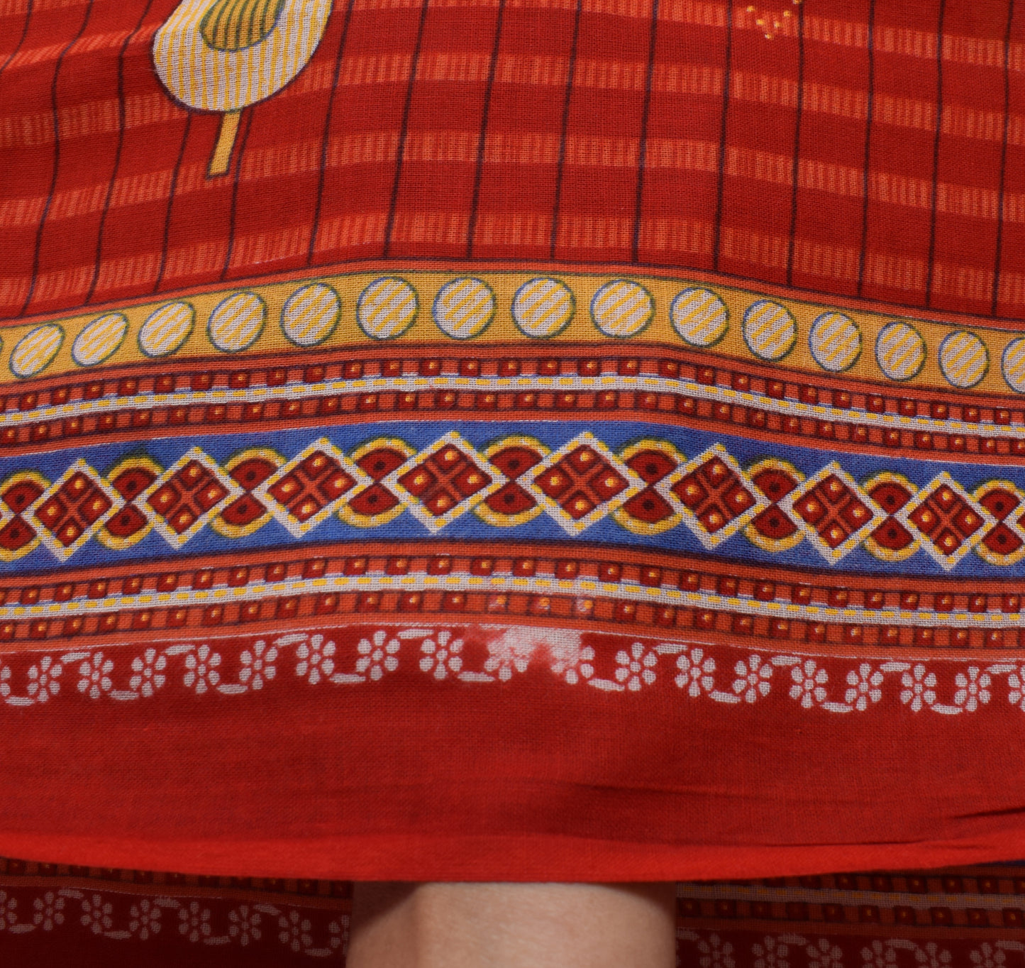 Sushila Vintage Red Saree 100% Pure Cotton Check Printed Soft Craft Fabric