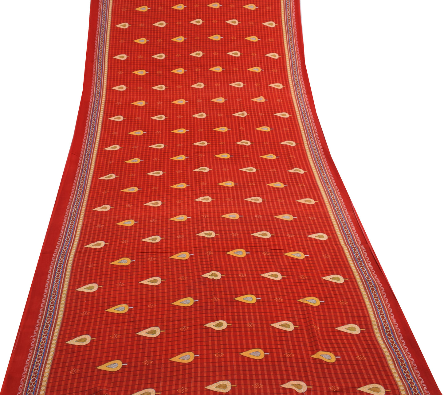 Sushila Vintage Red Saree 100% Pure Cotton Check Printed Soft Craft Fabric