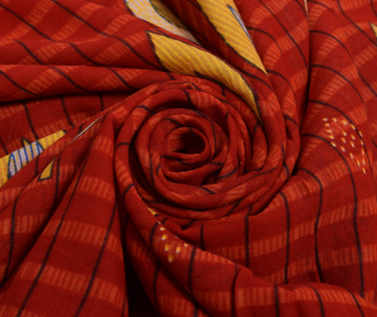 Sushila Vintage Red Saree 100% Pure Cotton Check Printed Soft Craft Fabric