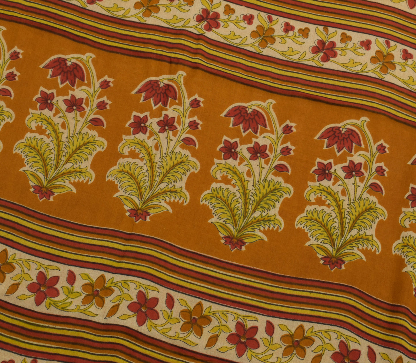 Sushila Vintage Mustard Saree 100% Pure Cotton Printed Floral Soft Craft Fabric