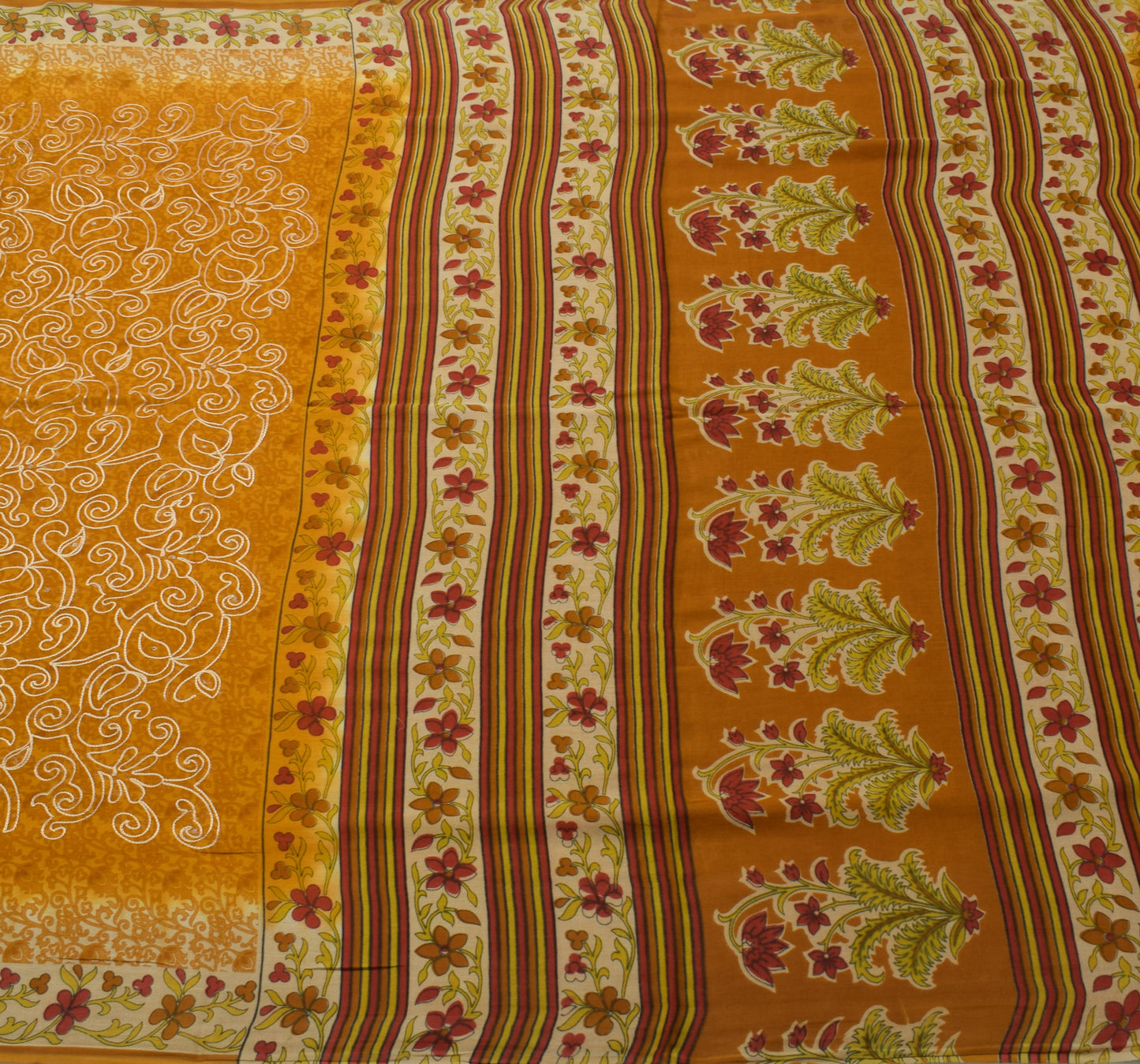 Sushila Vintage Mustard Saree 100% Pure Cotton Printed Floral Soft Craft Fabric