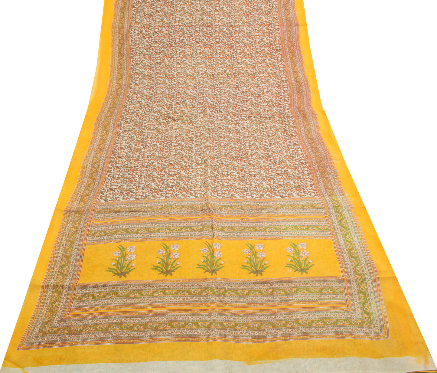 Sushila Vintage White Indian Saree 100% Pure Cotton Printed Floral Craft Fabric