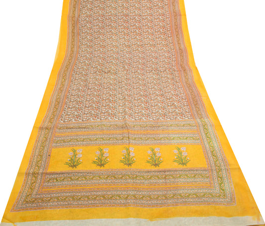 Sushila Vintage White Indian Saree 100% Pure Cotton Printed Floral Craft Fabric