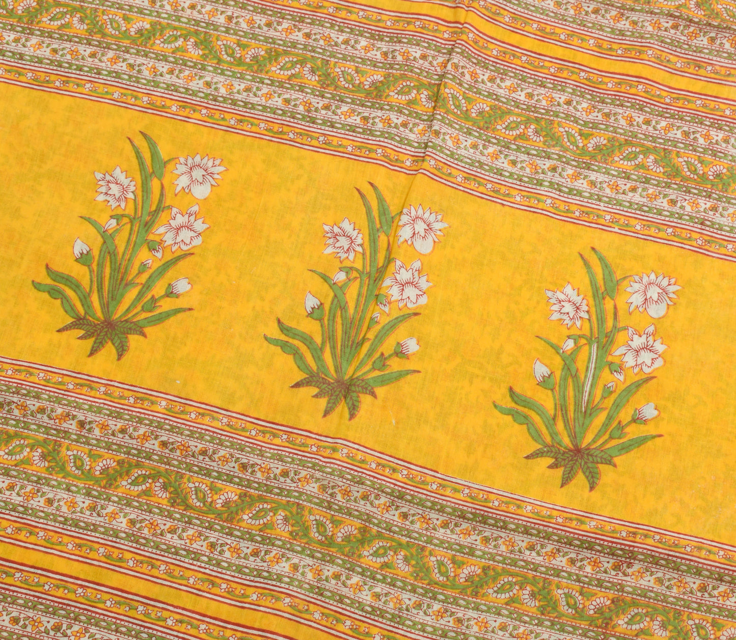 Sushila Vintage White Indian Saree 100% Pure Cotton Printed Floral Craft Fabric