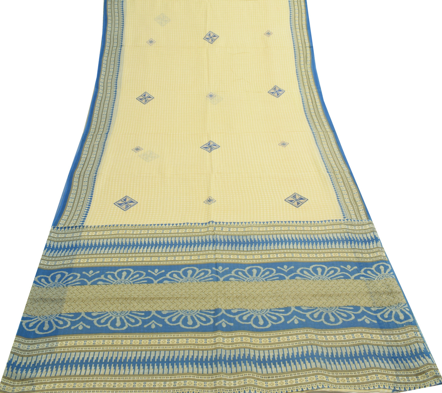 Sushila Vintage Cream Indian Saree 100% Pure Cotton Printed Check Craft Fabric