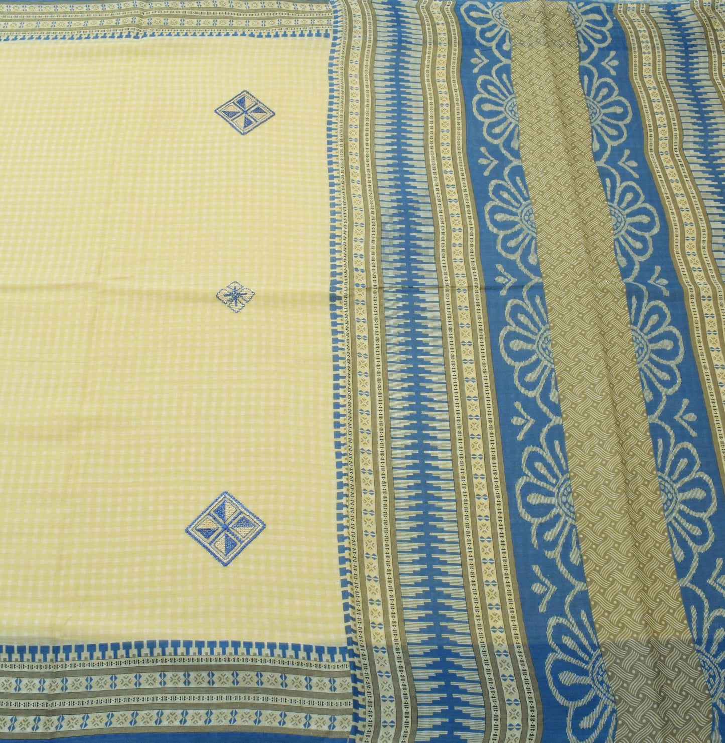 Sushila Vintage Cream Indian Saree 100% Pure Cotton Printed Check Craft Fabric