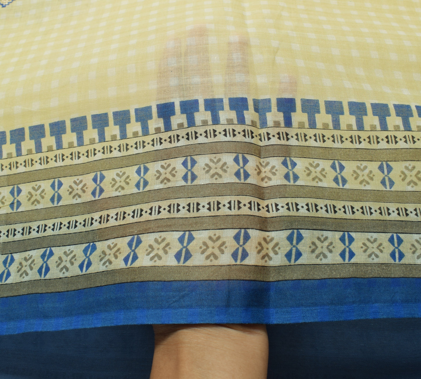 Sushila Vintage Cream Indian Saree 100% Pure Cotton Printed Check Craft Fabric