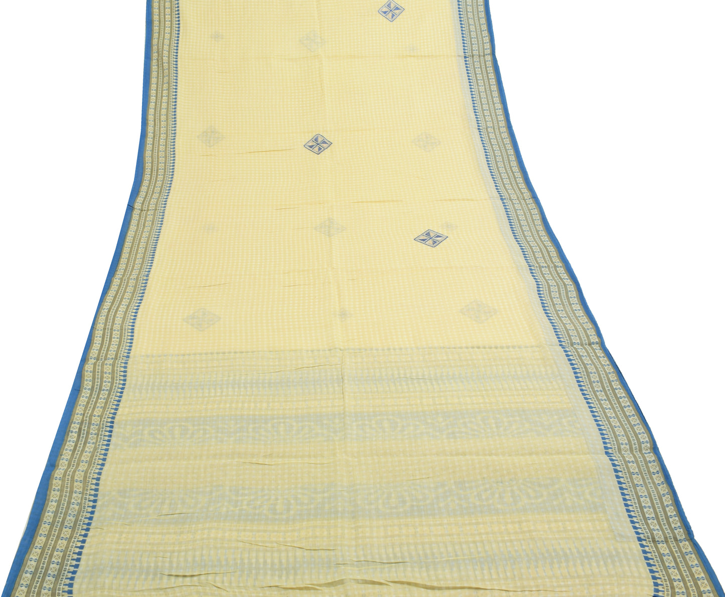 Sushila Vintage Cream Indian Saree 100% Pure Cotton Printed Check Craft Fabric