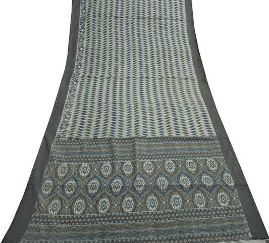 Sushila Vintage Gray Indian Saree 100% Pure Cotton Printed Floral Craft Fabric