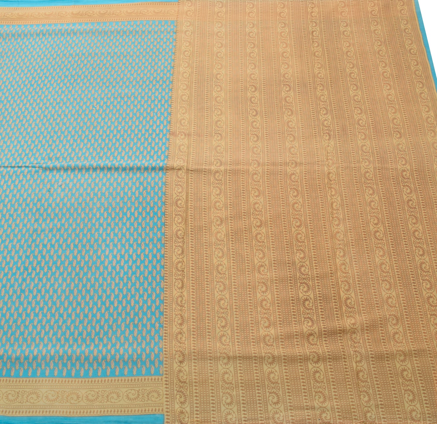 Sushila Vintage Aqua Blue Saree Pure Cotton Printed Paisley Soft Craft Fabric