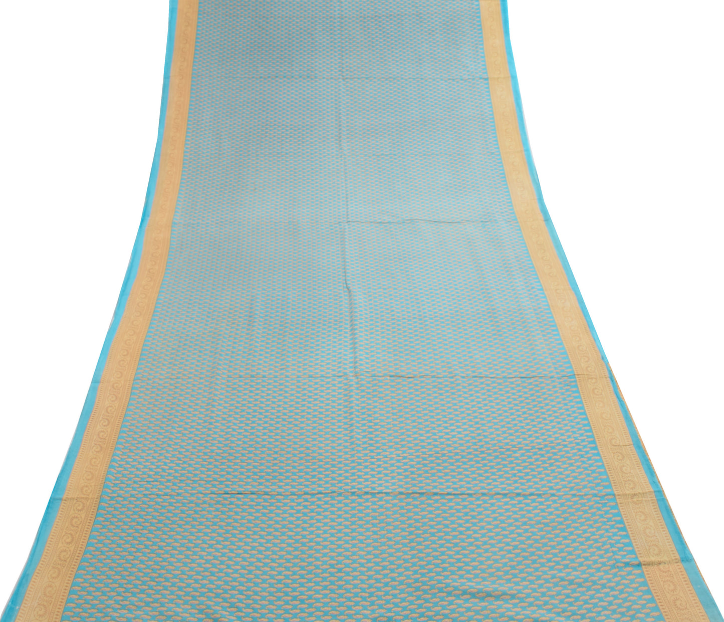 Sushila Vintage Aqua Blue Saree Pure Cotton Printed Paisley Soft Craft Fabric