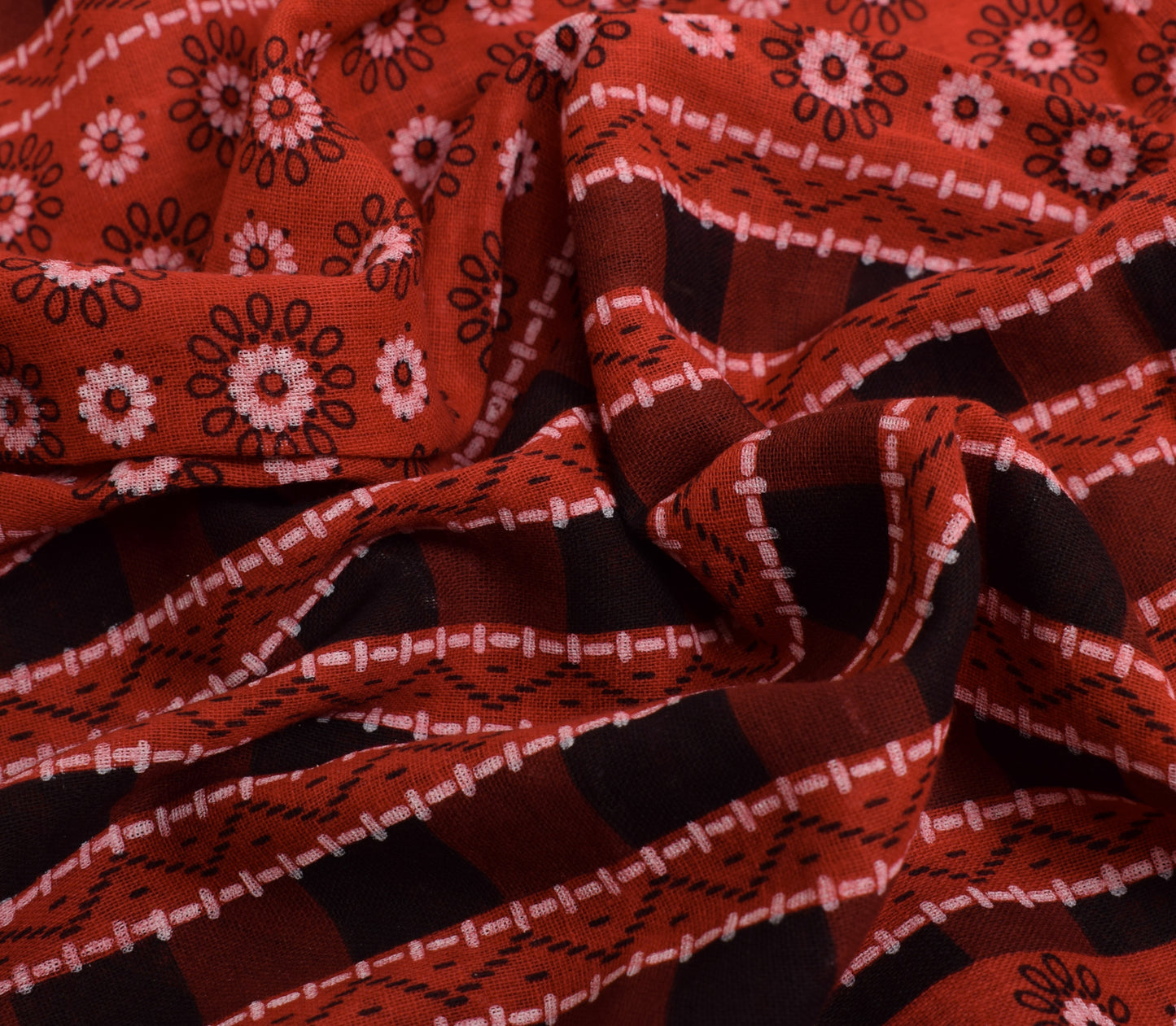 Sushila Vintage Saree 100% Pure Cotton Printed Maroon Floral Soft Craft Fabric