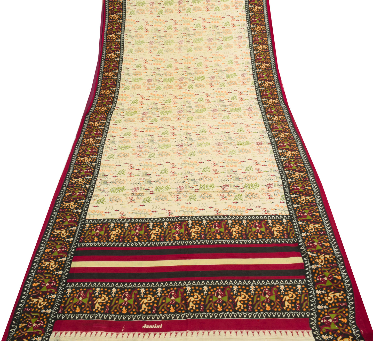 Sushila Vintage Saree 100% Pure Cotton Cream Warli Printed Soft Craft Fabric