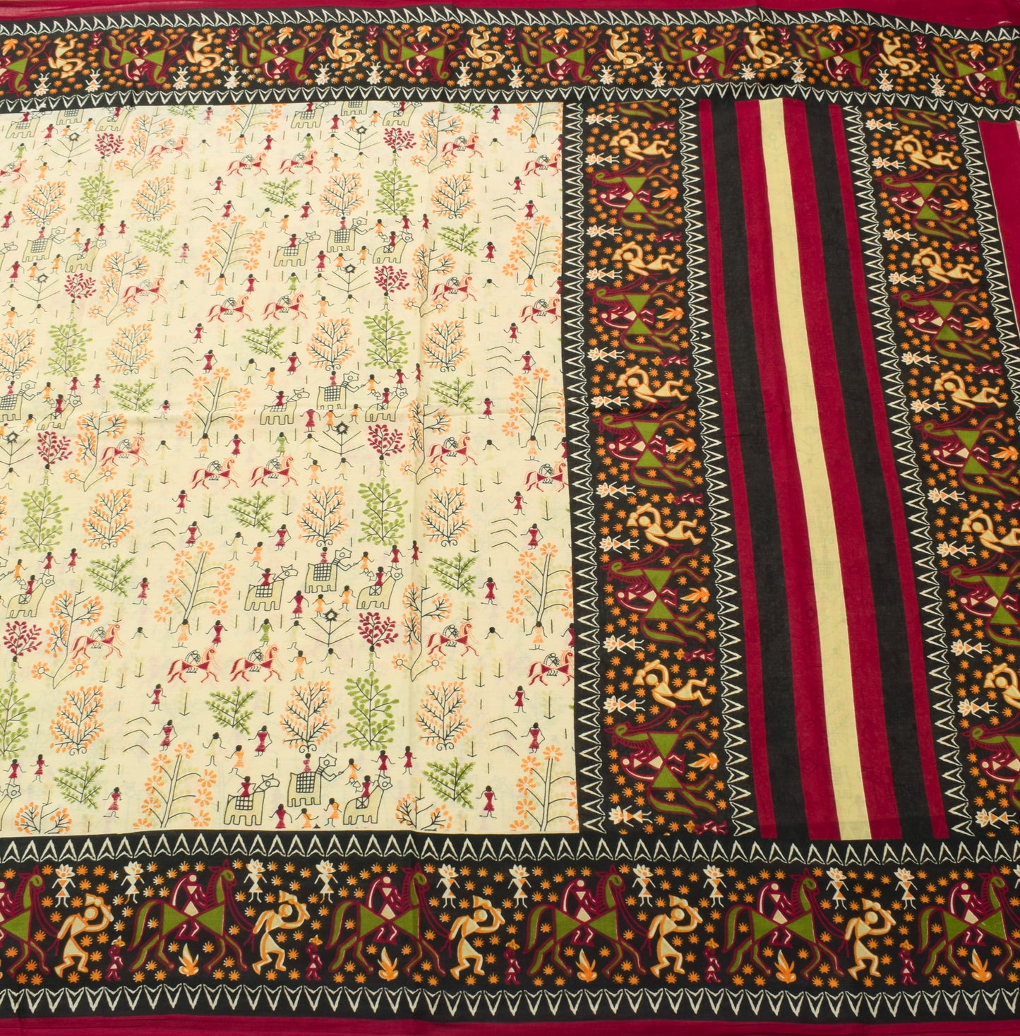 Sushila Vintage Saree 100% Pure Cotton Cream Warli Printed Soft Craft Fabric