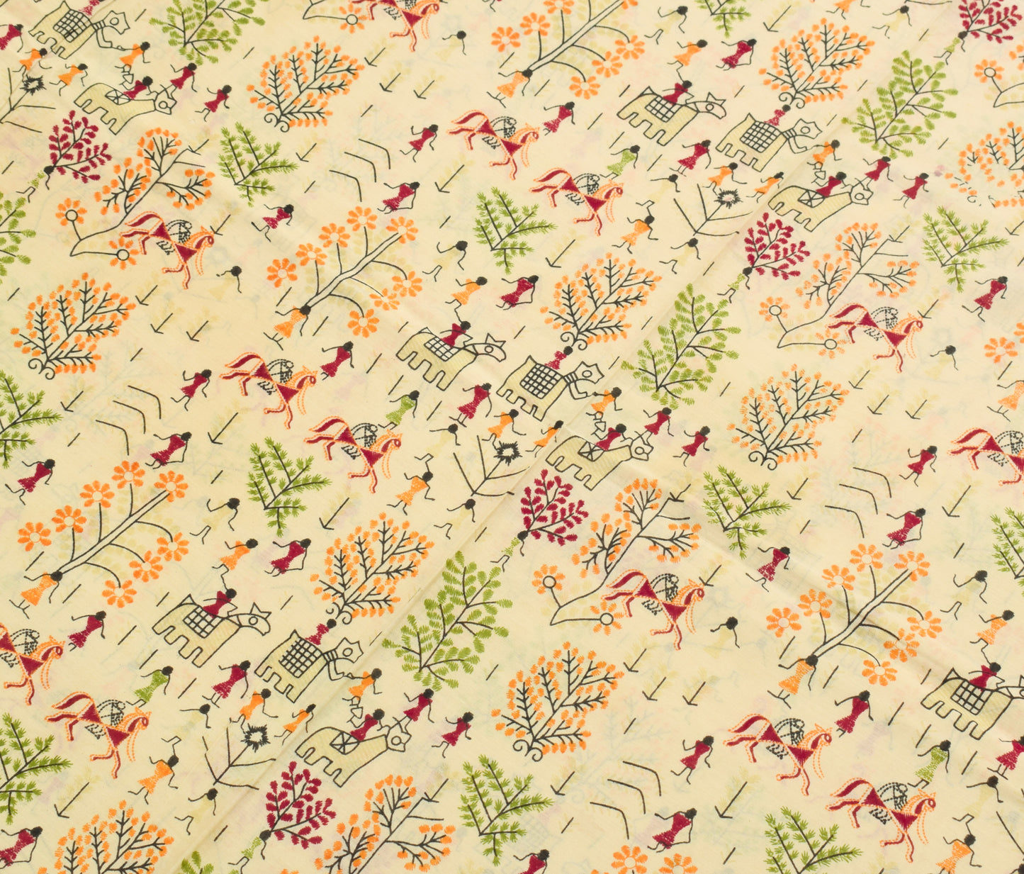Sushila Vintage Saree 100% Pure Cotton Cream Warli Printed Soft Craft Fabric