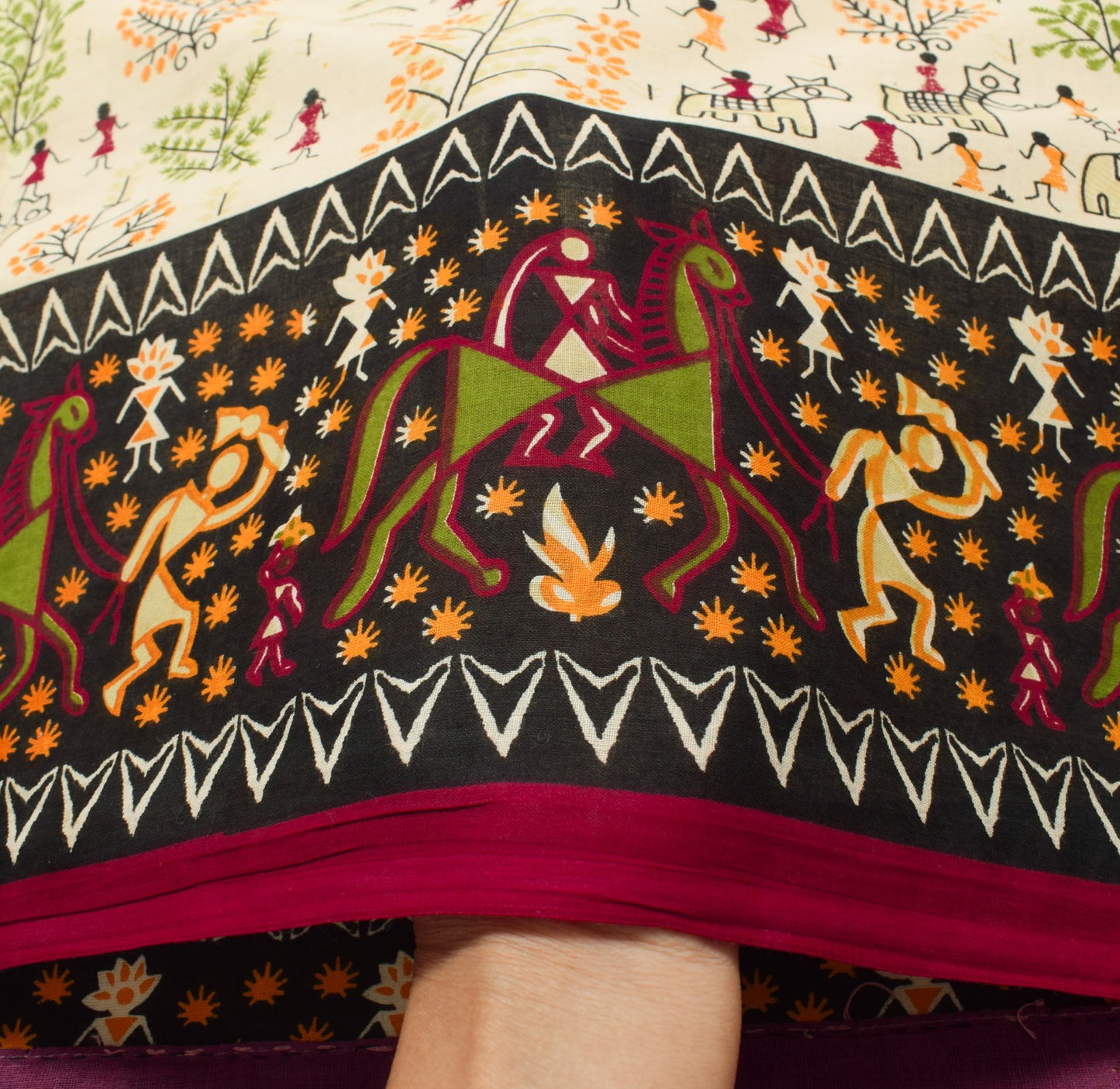 Sushila Vintage Saree 100% Pure Cotton Cream Warli Printed Soft Craft Fabric